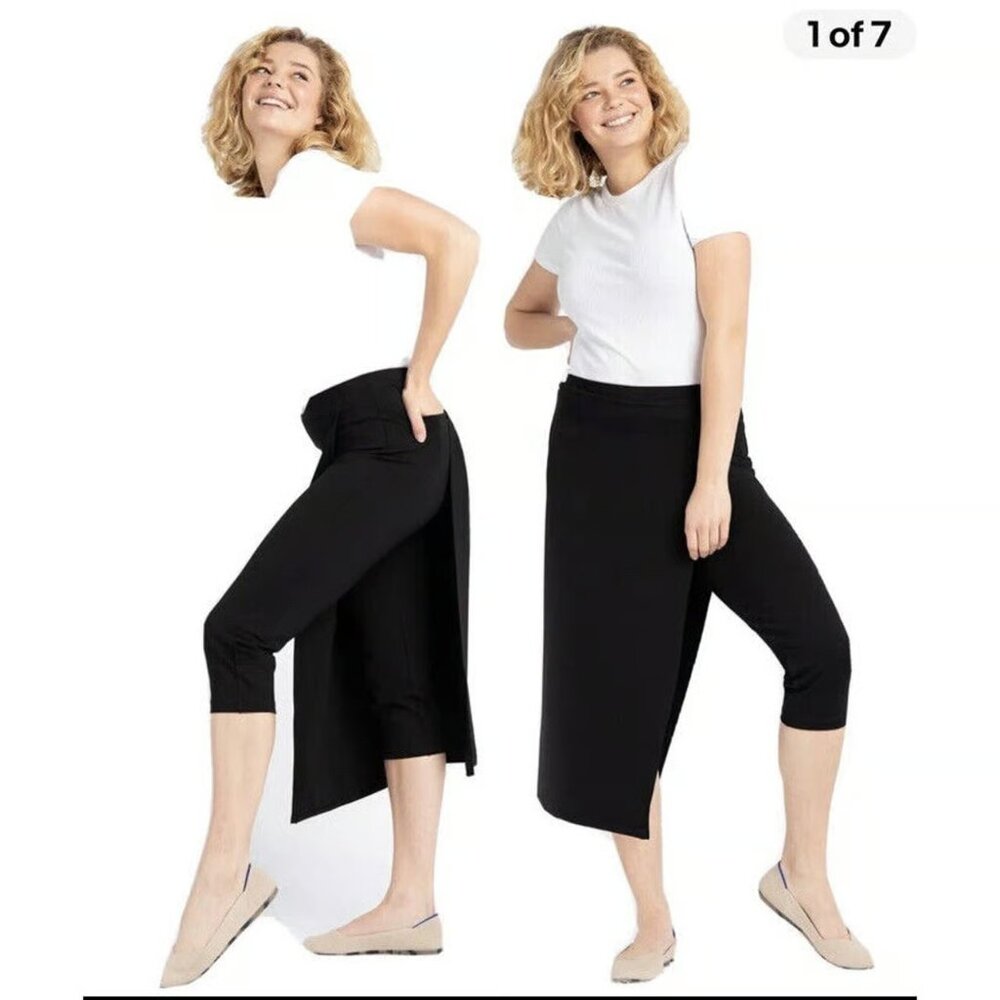 *Betabrand The Sassiest Capri Pant Black Panel Overlay Skirt Skort Size S Yoga